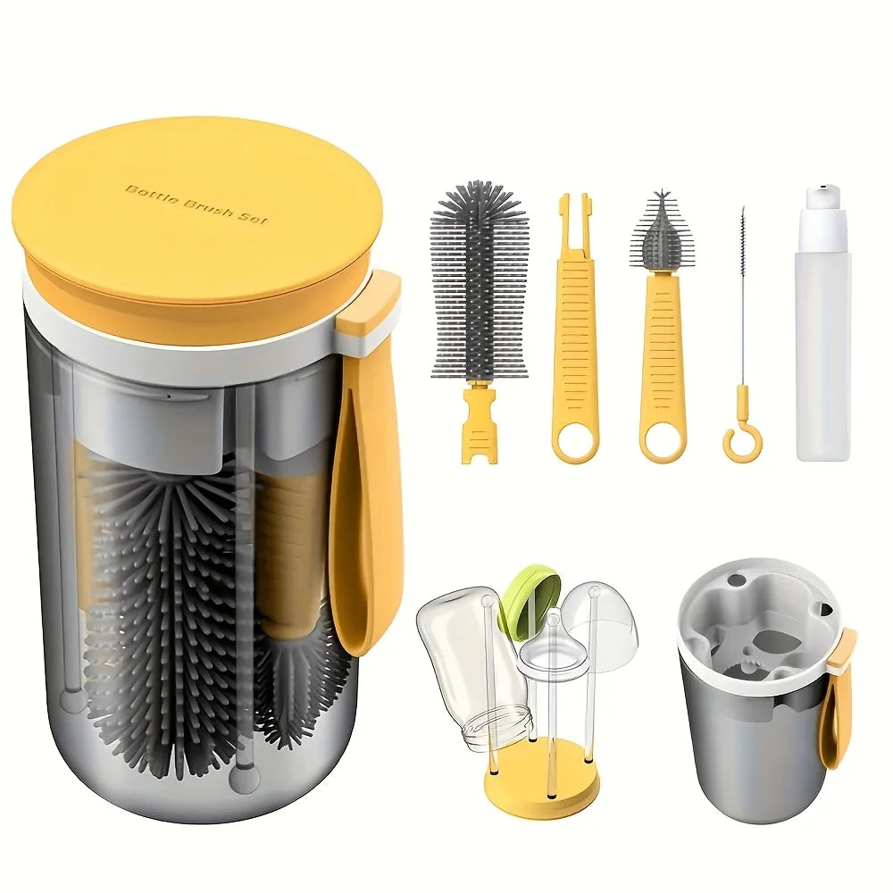 Silicone Portable Bottle Brush Set Travel Nipple Brush Foldable Drying Rack Baby Feeding Cleaning Kit, Dishwasher Safe