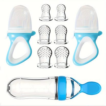 9pcs Baby Feeding Set: 1pc Silicone Squeeze Feeding Bottle Spoon, 2pcs Food Feeder Pacifier, 6pcs Mesh Bag, Rice Paste Tableware