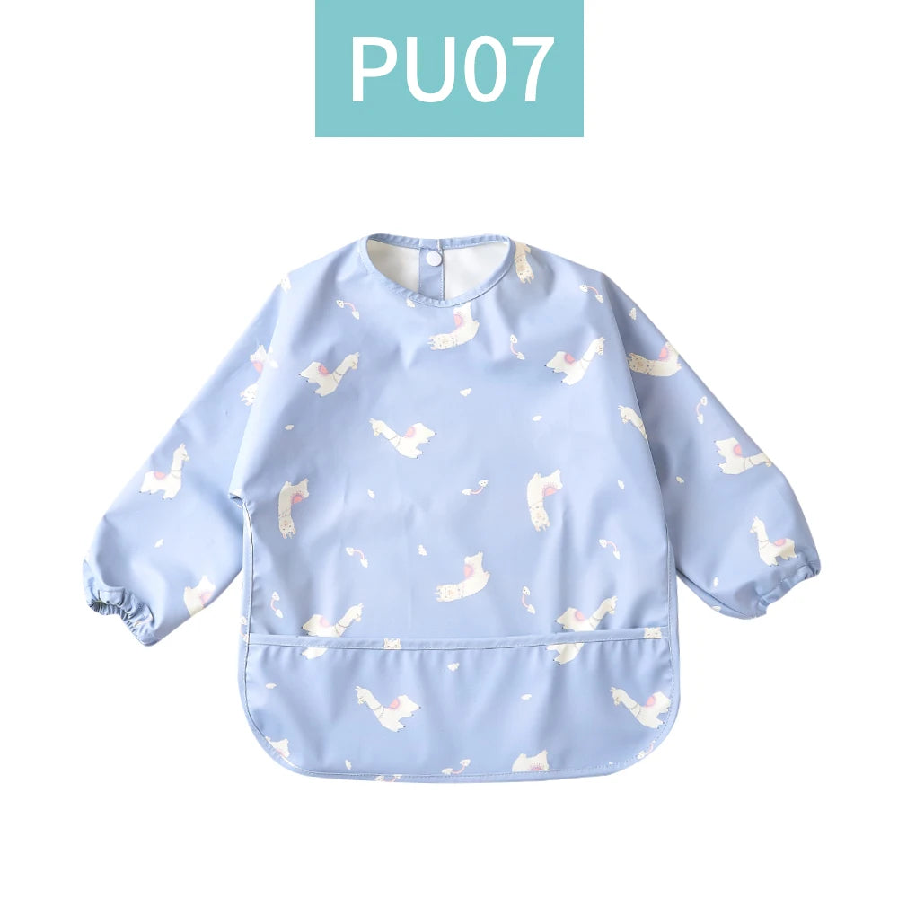 HappyFlute Danish New Style High Qualit PU Fabric Cute Waterproof Long Sleeves Snap Overalls Large Pocket Dirty Free Feeding Bib