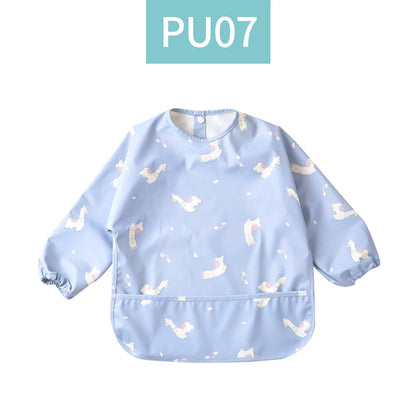 HappyFlute Danish New Style High Qualit PU Fabric Cute Waterproof Long Sleeves Snap Overalls Large Pocket Dirty Free Feeding Bib