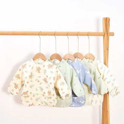 HappyFlute Danish New Style High Qualit PU Fabric Cute Waterproof Long Sleeves Snap Overalls Large Pocket Dirty Free Feeding Bib