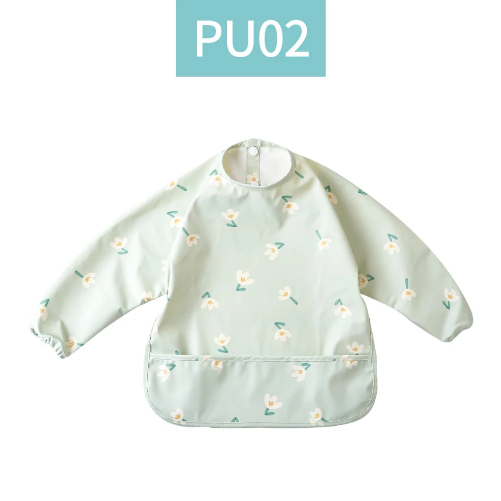 HappyFlute Danish New Style High Qualit PU Fabric Cute Waterproof Long Sleeves Snap Overalls Large Pocket Dirty Free Feeding Bib