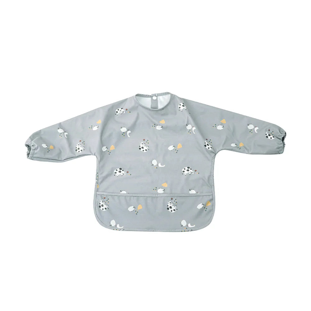 HappyFlute Danish New Style High Qualit PU Fabric Cute Waterproof Long Sleeves Snap Overalls Large Pocket Dirty Free Feeding Bib