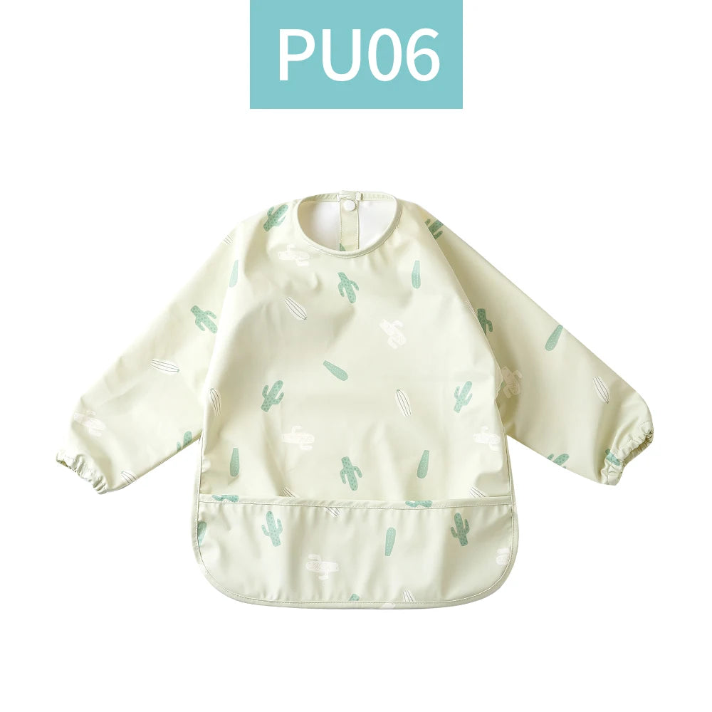 HappyFlute Danish New Style High Qualit PU Fabric Cute Waterproof Long Sleeves Snap Overalls Large Pocket Dirty Free Feeding Bib