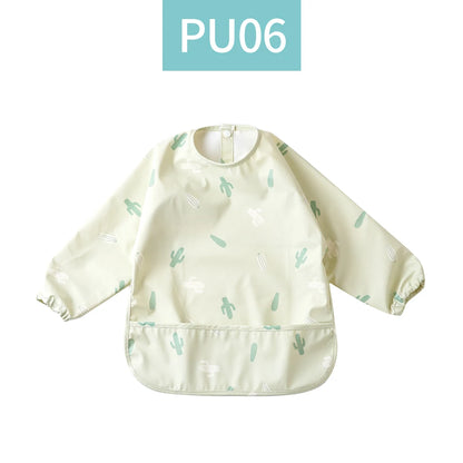 HappyFlute Danish New Style High Qualit PU Fabric Cute Waterproof Long Sleeves Snap Overalls Large Pocket Dirty Free Feeding Bib