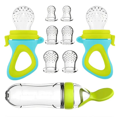 9pcs Baby Feeding Set: 1pc Silicone Squeeze Feeding Bottle Spoon, 2pcs Food Feeder Pacifier, 6pcs Mesh Bag, Rice Paste Tableware