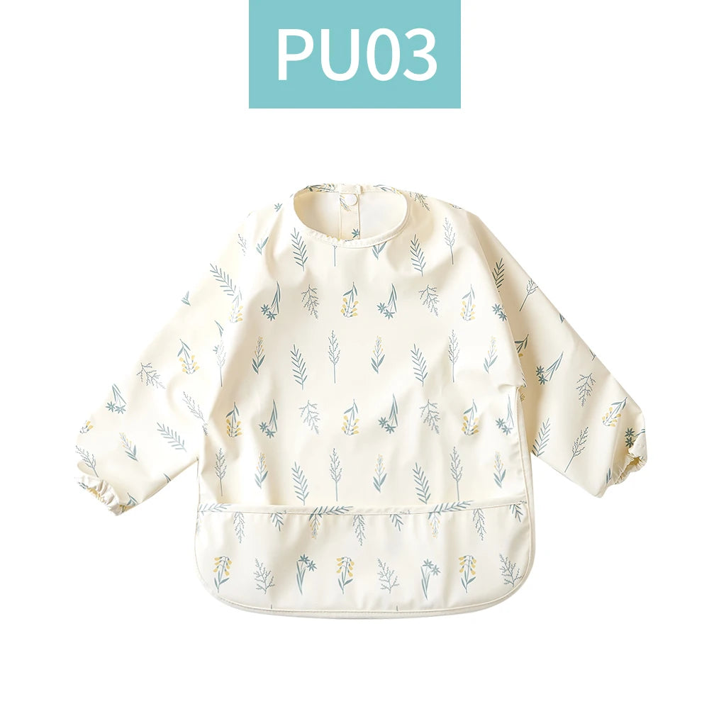 HappyFlute Danish New Style High Qualit PU Fabric Cute Waterproof Long Sleeves Snap Overalls Large Pocket Dirty Free Feeding Bib