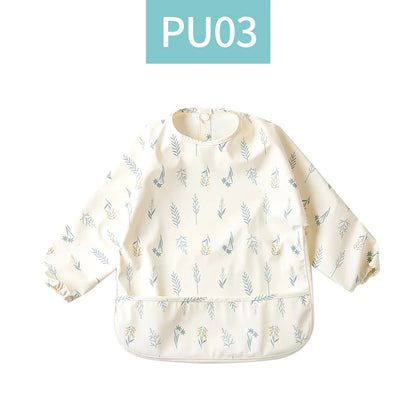 HappyFlute Danish New Style High Qualit PU Fabric Cute Waterproof Long Sleeves Snap Overalls Large Pocket Dirty Free Feeding Bib