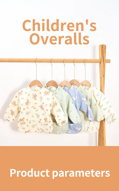 HappyFlute Danish New Style High Qualit PU Fabric Cute Waterproof Long Sleeves Snap Overalls Large Pocket Dirty Free Feeding Bib