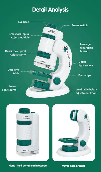 Kid Science Experiment Pocket Microscope Toy Kit 60-120x Educational Mini Handheld Microscope with Light Children STEM Toys Gift