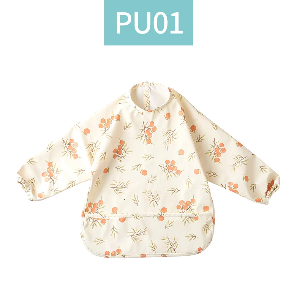HappyFlute Danish New Style High Qualit PU Fabric Cute Waterproof Long Sleeves Snap Overalls Large Pocket Dirty Free Feeding Bib