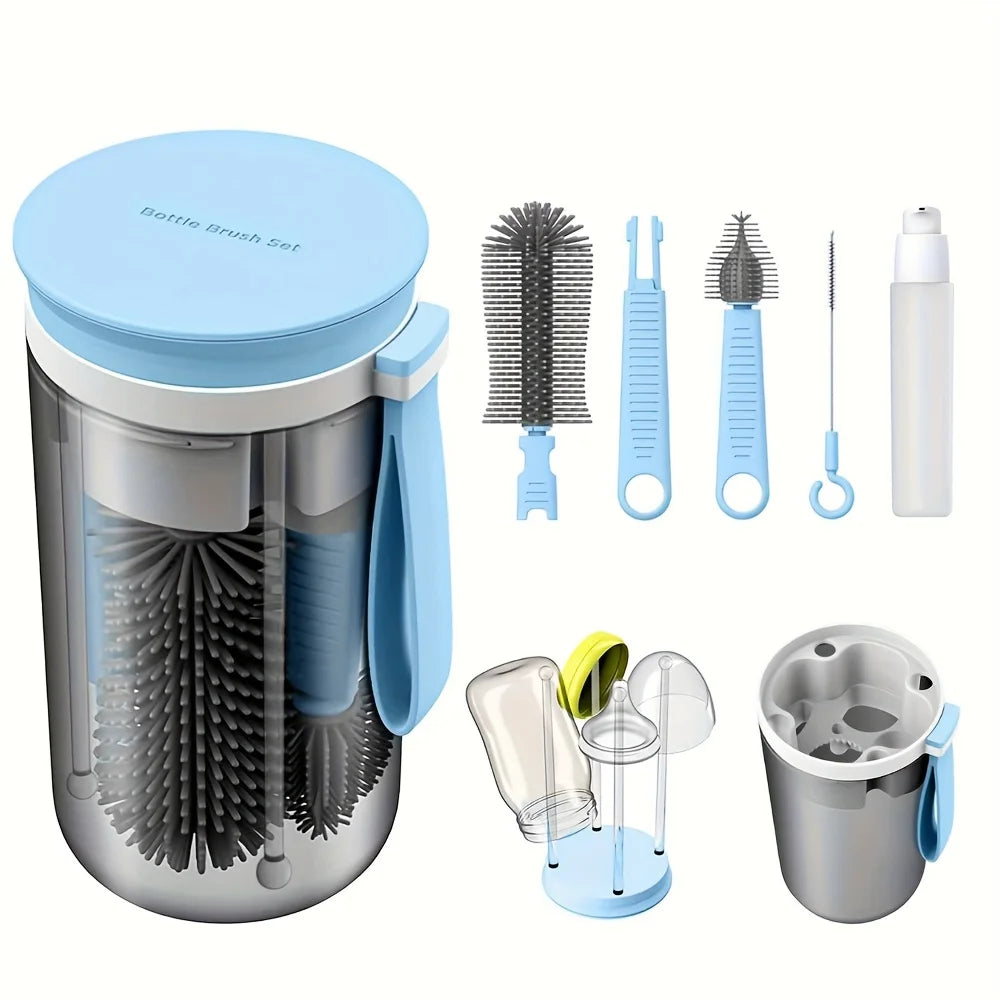 Silicone Portable Bottle Brush Set Travel Nipple Brush Foldable Drying Rack  Baby Feeding Cleaning Kit, Dishwasher Safe