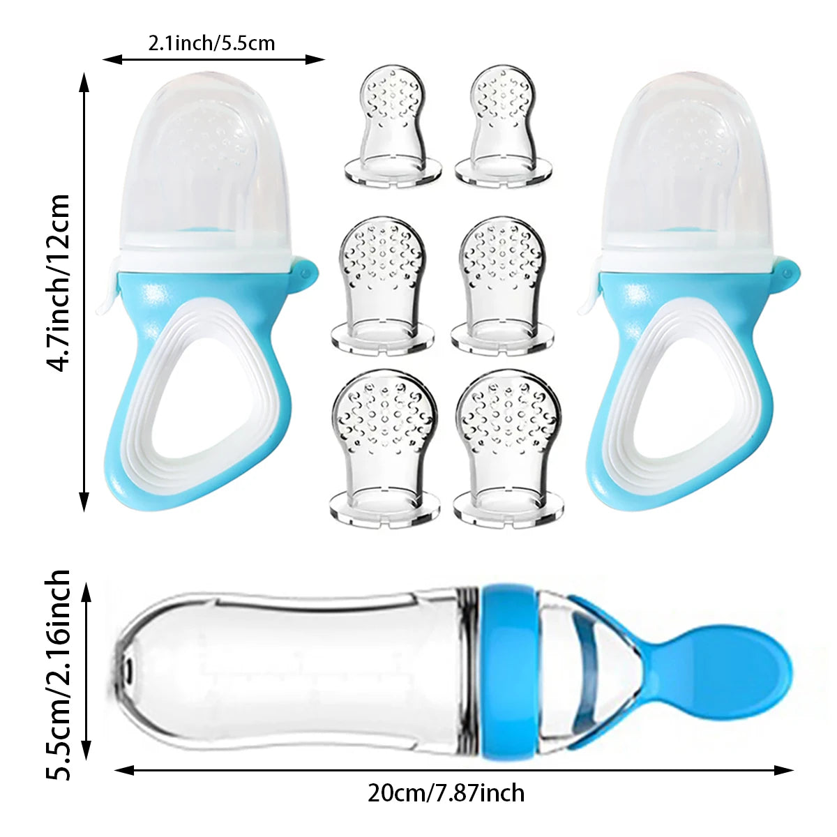 9pcs Baby Feeding Set: 1pc Silicone Squeeze Feeding Bottle Spoon, 2pcs Food Feeder Pacifier, 6pcs Mesh Bag, Rice Paste Tableware