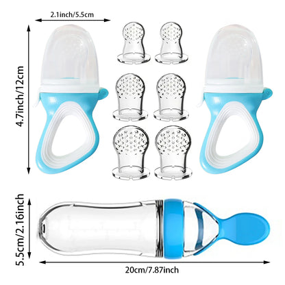 9pcs Baby Feeding Set: 1pc Silicone Squeeze Feeding Bottle Spoon, 2pcs Food Feeder Pacifier, 6pcs Mesh Bag, Rice Paste Tableware