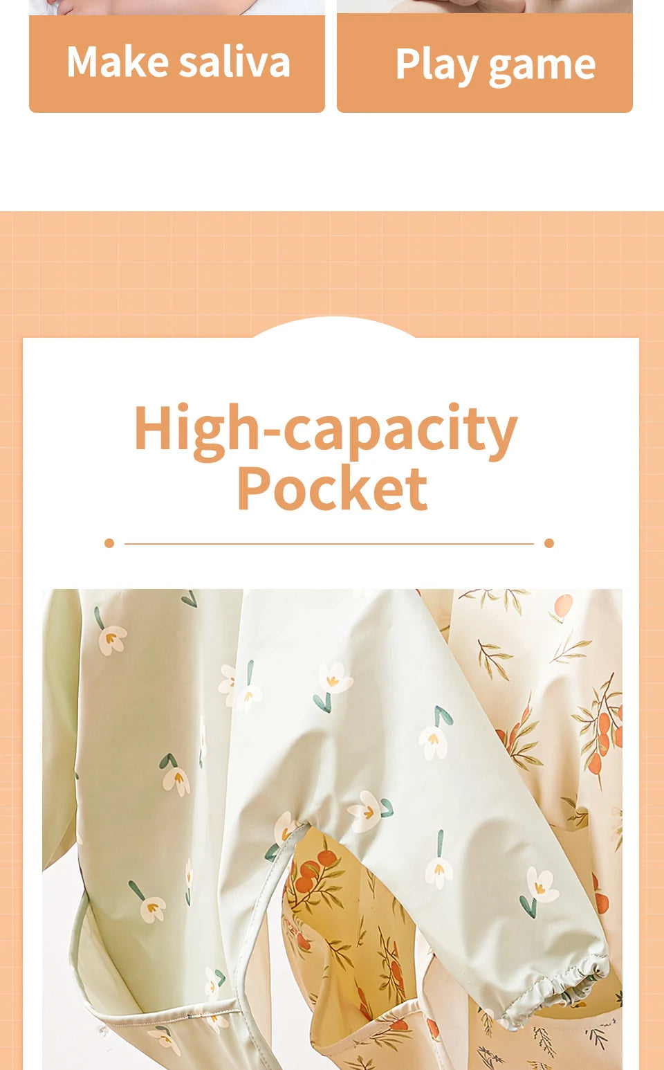 HappyFlute Danish New Style High Qualit PU Fabric Cute Waterproof Long Sleeves Snap Overalls Large Pocket Dirty Free Feeding Bib
