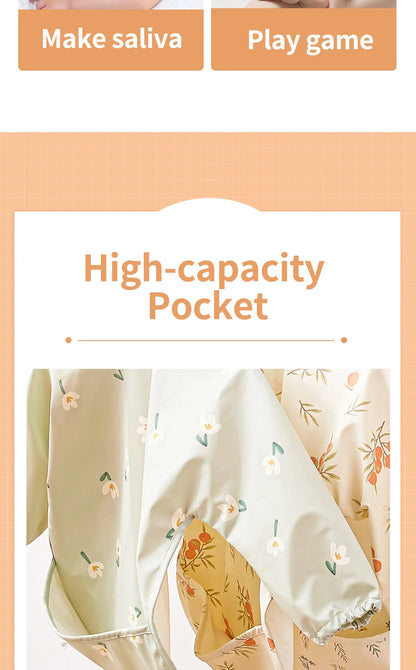 HappyFlute Danish New Style High Qualit PU Fabric Cute Waterproof Long Sleeves Snap Overalls Large Pocket Dirty Free Feeding Bib
