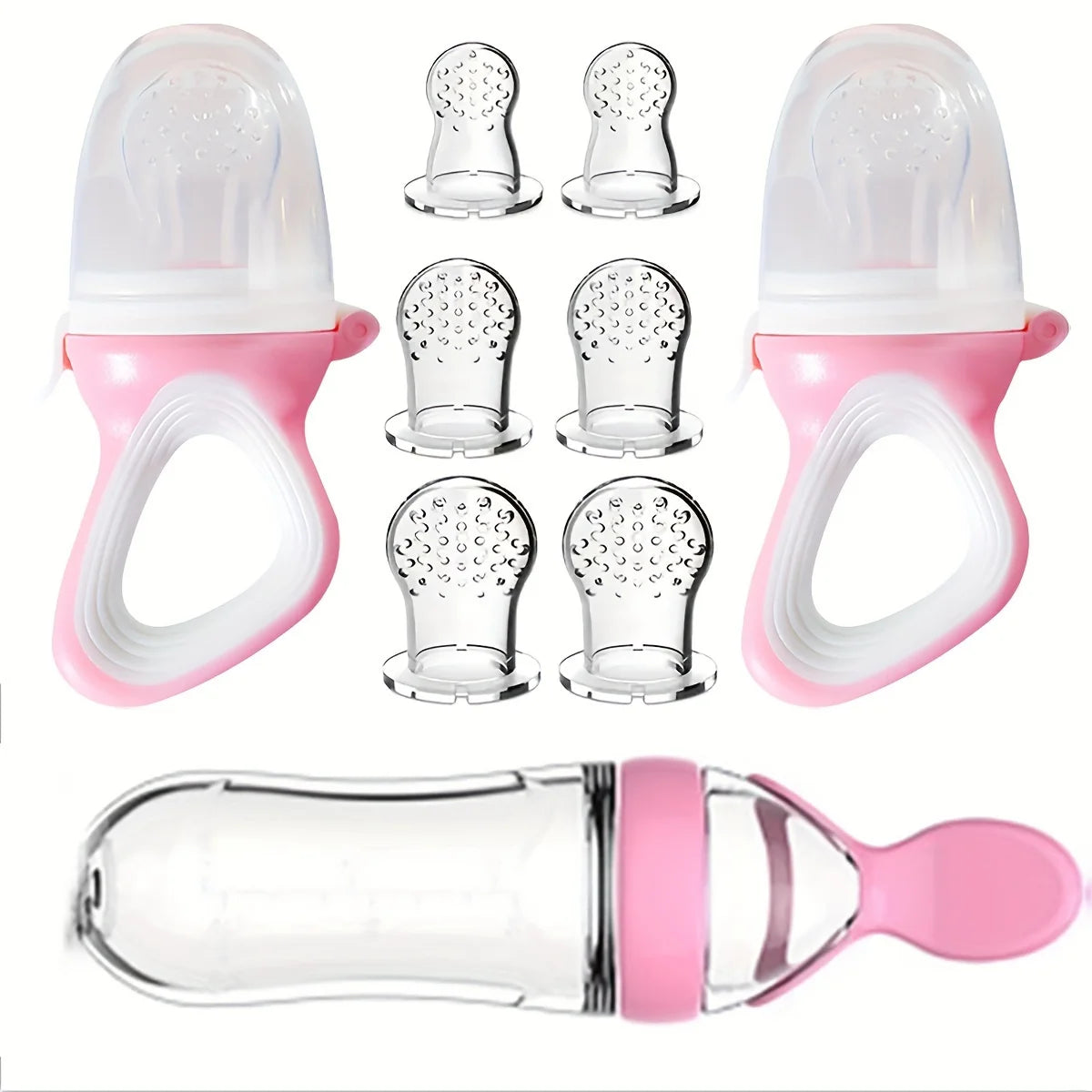 9pcs Baby Feeding Set: 1pc Silicone Squeeze Feeding Bottle Spoon, 2pcs Food Feeder Pacifier, 6pcs Mesh Bag, Rice Paste Tableware