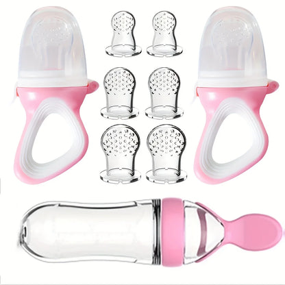 9pcs Baby Feeding Set: 1pc Silicone Squeeze Feeding Bottle Spoon, 2pcs Food Feeder Pacifier, 6pcs Mesh Bag, Rice Paste Tableware