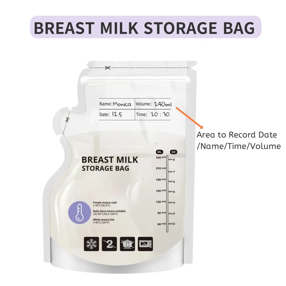 240ml  30/60pcs PE Temperature Sensing Breast Milk Storage Bags Self Standing Baby Food Storage Containers