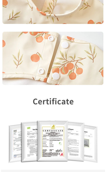 HappyFlute Danish New Style High Qualit PU Fabric Cute Waterproof Long Sleeves Snap Overalls Large Pocket Dirty Free Feeding Bib