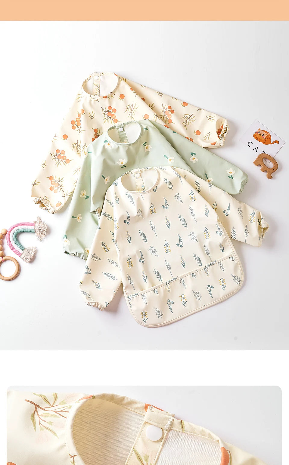 HappyFlute Danish New Style High Qualit PU Fabric Cute Waterproof Long Sleeves Snap Overalls Large Pocket Dirty Free Feeding Bib